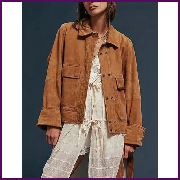 Faux Suede Bomber Jacket Oversized Fit with Pockets Women's Casual - Picture 4 of 5